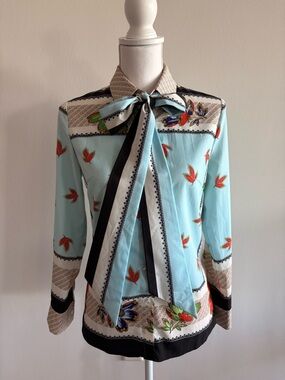 Vintage inspired Light Blue Floral Print Button-Up Blouse with Long Neck Tie